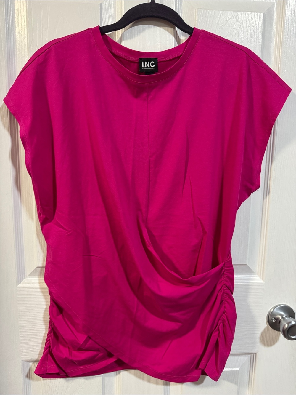 INC International Concepts Fuchsia Short Sleeve Side-Ruched Tee
